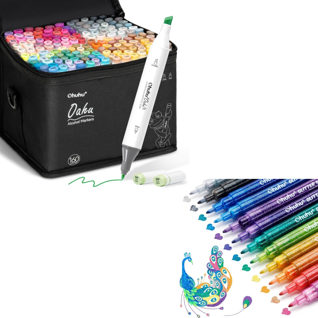 Ohuhu Oahu 160 Colors Alcohol Markers + 12 Glitter Marker Pens